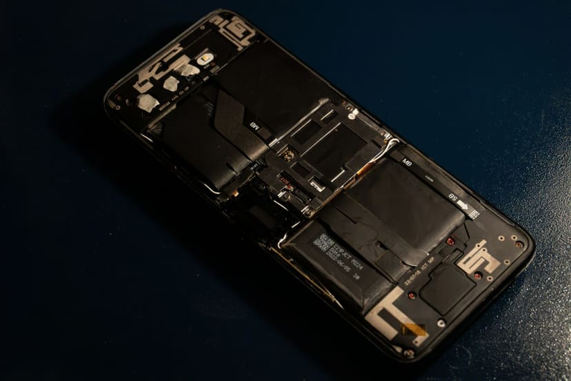 Åpnet mobiltelefon der batteri og kretskort er synlige.