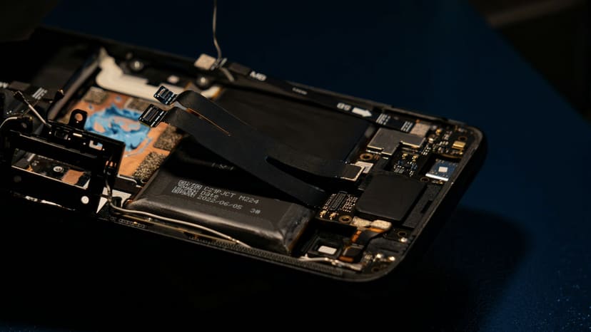 Nærbilde av innsiden på en mobiltelefon med flatkabler og batteri.